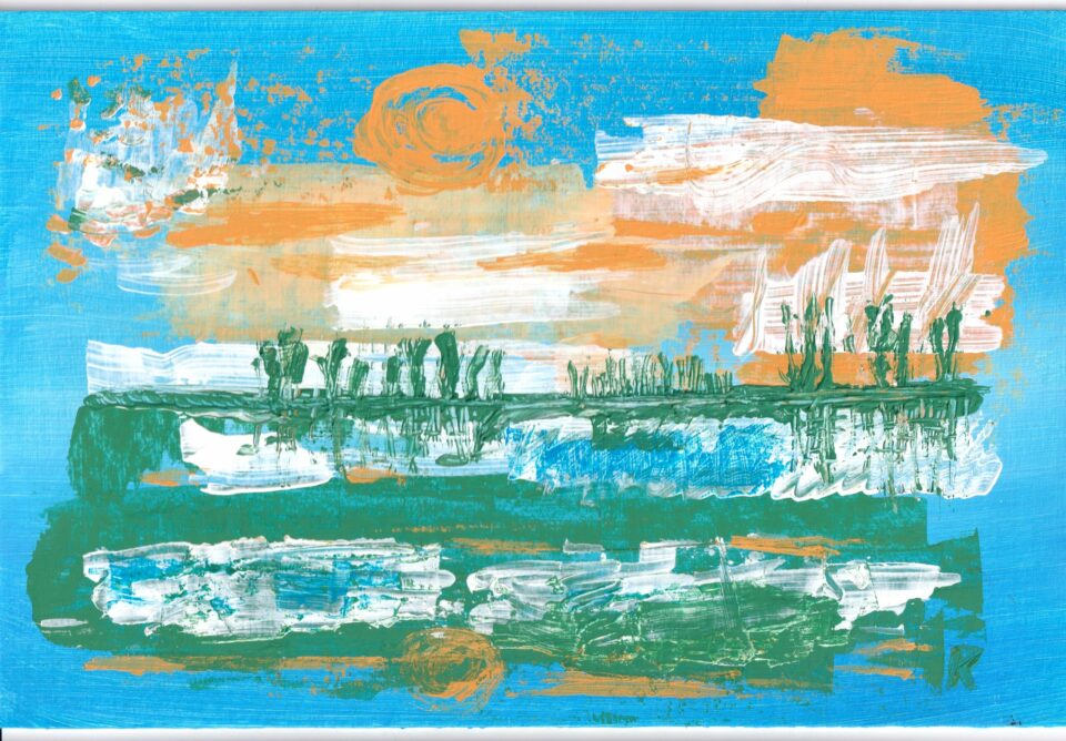 Annebaerlin Acrylbild A4 Sonne und Wasserlandschaft auf blau