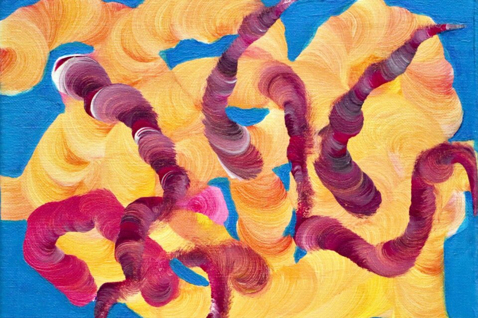 Würmer gelb rot blau 30x20cm