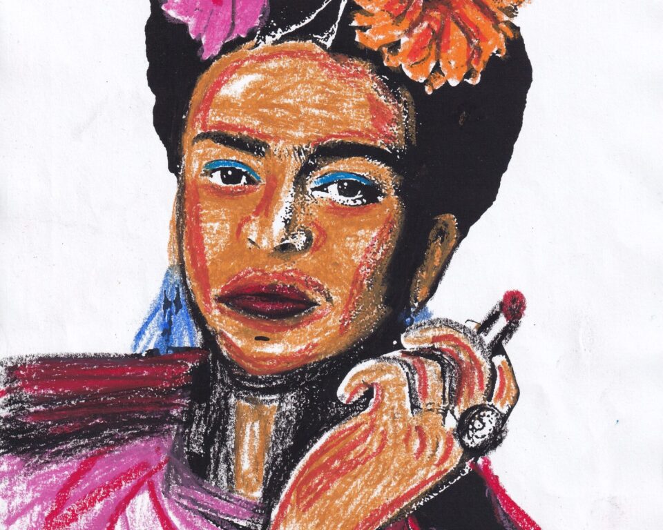 Ein kopiertes Foto von Frieda Kahlo, koloriert mit Ölpastell.