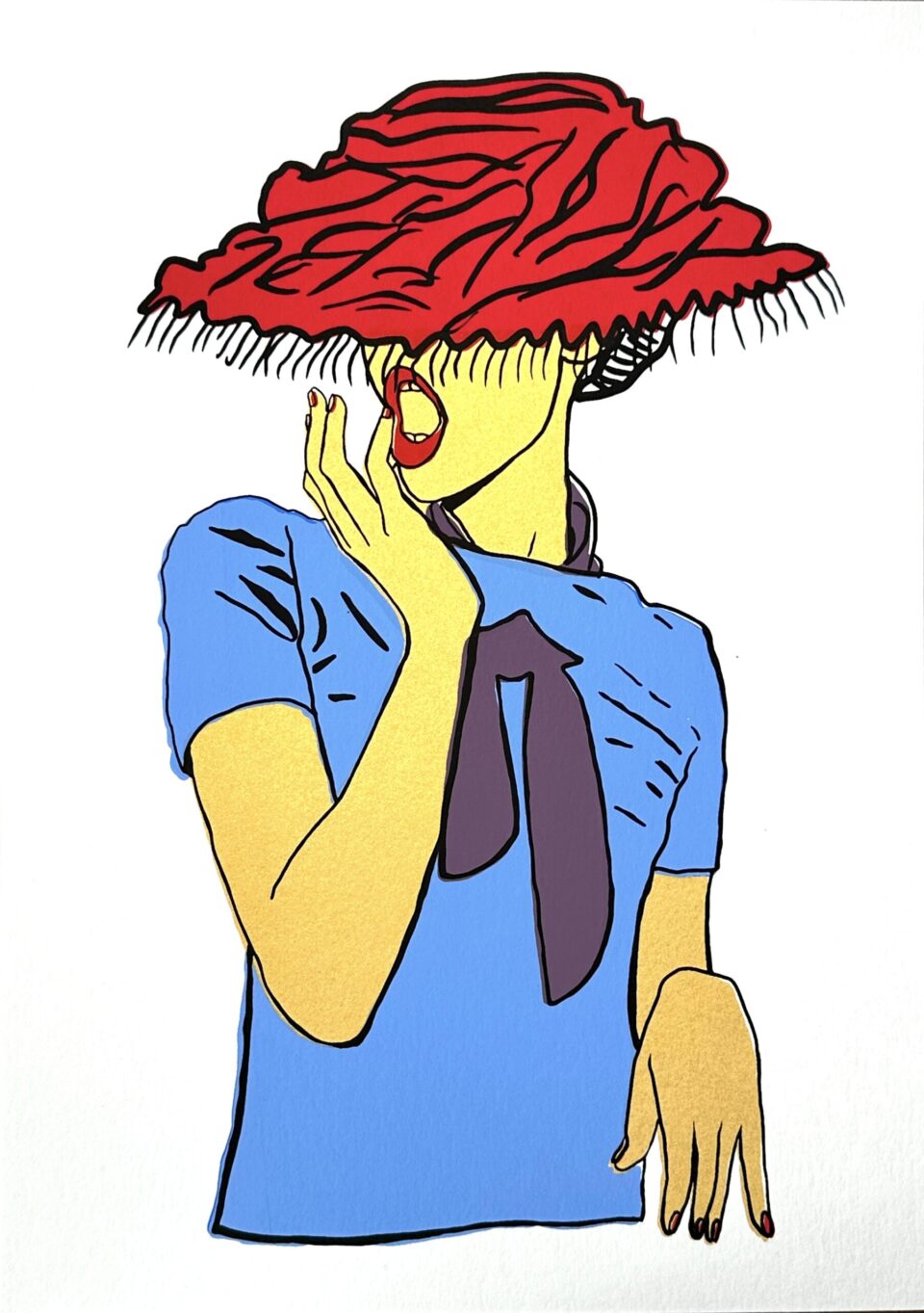 Siebdruck Frau mit rotem Hut und hellblauer Bluse auf weiss