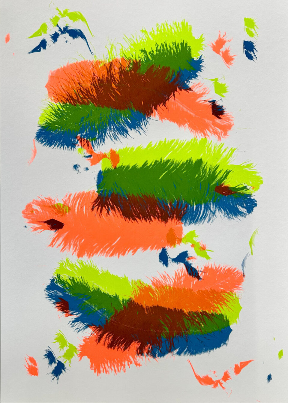 Drei Federn neonrot blau grün , Siebdruck, 3 Farben