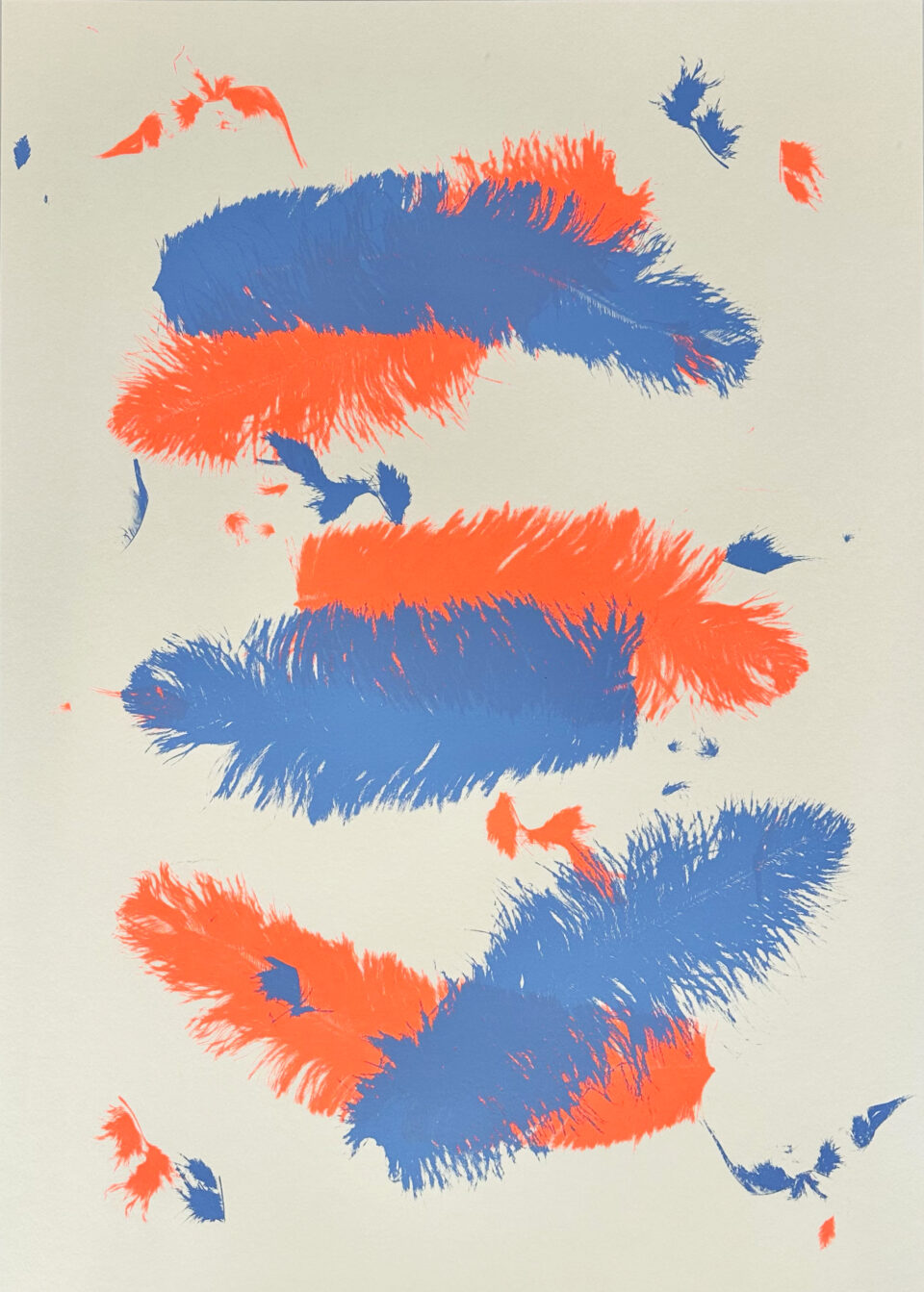 Zwei Federn neonrot hellblau, Siebdruck, 2 Farben