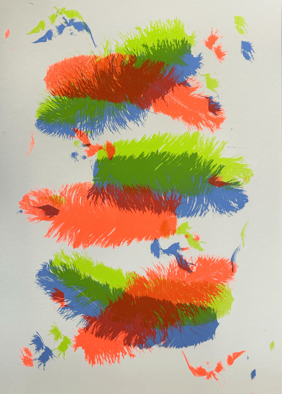 Drei Federn neonrot hellblau grün , Siebdruck, 3 Farben